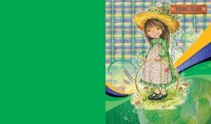 Little girl in chintz dress and hat holds a hoop on plaid backdrop with green jeans texture