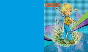 Little boy in jeans with a fishing rod walks home on blue plaid backdrop with jeans texture