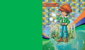 Little boy in hat and patched jeans blows bubbles on a plaid backdrop with green jeans texture