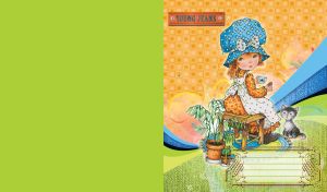 Little girl in a chintz apron and blue hat drinks tea on a plaid backdrop with lime jeans texture
