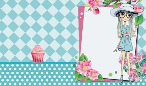 Girl in a wide hat stands under the watercolor flowers on pastel teal backdrop