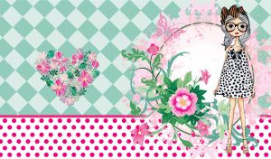 Girl in polka dot dress by the watercolor flowers on pastel green backdrop