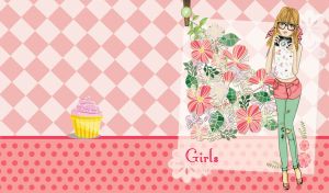 Girl in red shorts and green leggings takes pictures on pastel red backdrop