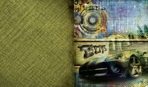 Black sport car, Jeans and Boys inscriptions, on an olive blue denim texture