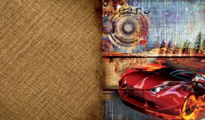 Red sport car, Jeans and Boys inscriptions, on a brown blue denim texture