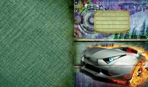 Gray metallic sport car, Jeans and Boys inscriptions, on a green blue denim texture