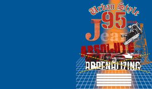 Skateboarder in casual clothes in front of urban print features and buzzwords