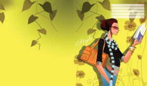 Stylish woman with dark hair and striped scarf reads a book on yellow background