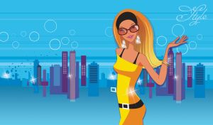 Stylish blonde in sunglasses, a yellow dress and against the blue illustrated cityscape