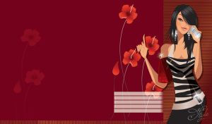 Stylish brunette in a zebra print dress on a maroon floral background