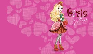 Animated blond fairy in a red dress with apple-shaped handbag on fuchsia