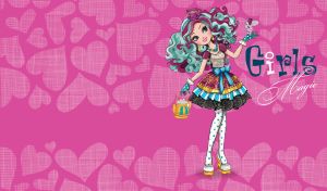 Animated hatter-girl with teal and purple curls holds a golden teapot on fuchsia