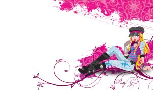 Blond young woman in glitter jeans, striped shirt, and black high heel boots