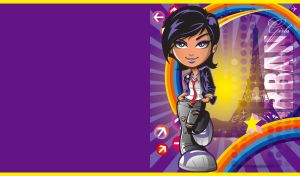 Urban girl in ripped jeans against sun rays and rainbow pattern on purple