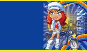 Urban biker girl in a white outfit against sun rays and rainbow pattern on blue