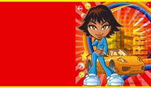 Urban racer girl in a blue outfit against sun rays and rainbow pattern on red