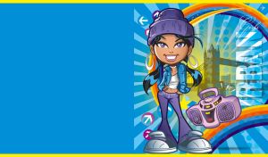 Urban girl with a boombox against sun rays and rainbow pattern on sky blue