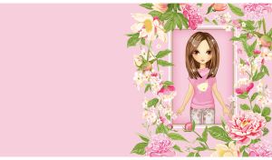 Beautiful caramel-hair girl in a pink shirt in a floral frame on pastel pink
