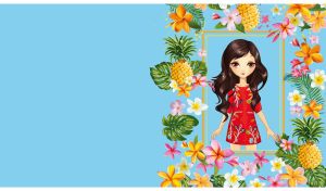 Beautiful chocolate-hair girl in a red blouse in a floral frame on pastel blue