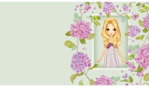 Beautiful blonde girl in a polka dot dress in a floral frame on pastel green