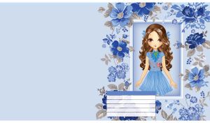 Beautiful brown hair girl in a blue dress in a floral frame on pastel navy