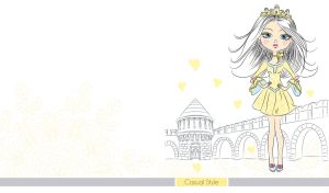 A girl in a yellow dress stands by a castle against a white background