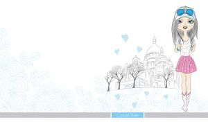 A girl with a backpack passes by a church against a white background