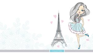 A girl in a dress dances next to the Eiffel Tower against a white background