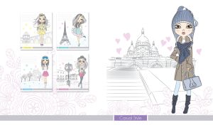 A girl in a winter hat walks by a church against a white background