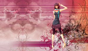 Ginger girl in a black dress on a watercolor gradient of red to purple clouds