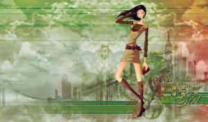 Brunette in brown leather boots on a watercolor gradient of red to green clouds