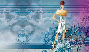 Brown hair girl in a fur cape on a watercolor gradient of purple to blue clouds