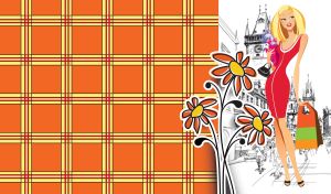 Stylish blonde in a red dress against the background of a city sketch