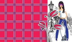 Stylish brunette girl with a hippie bag against the background of a city sketch