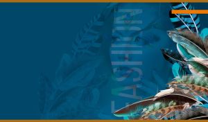 Feather artwork and a beautiful young woman with feather makeup on dark teal