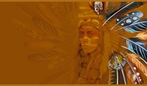 Feather artwork and a beautiful young woman with indian headdress on ocher
