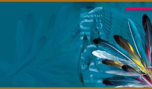 Feather artwork and a beautiful young woman with indian headdress on teal