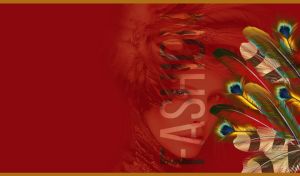 Feather artwork and a beautiful young woman with feather headdress on red