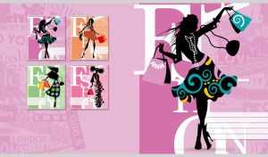 A silhouette of a fashion model with shopping bags on a pastel purple background