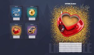 Red cup of coffee against a dark grey backdrop with golden glitter confetti