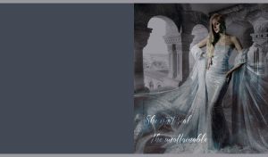 Blonde woman in a white dress blends into the background of gray Gothic castle