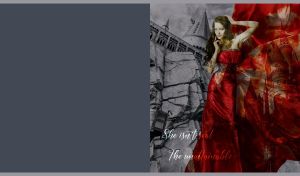 Brown hair woman in a red dress blends into the background of gray Gothic castle