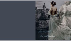 Brown hair woman in a white dress blends into the background of gray Gothic moat