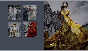 A woman in a yellow dress blends into the background of gray Gothic cathedral