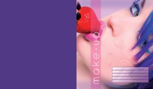 Purple hair girl with black nails, pink lips, eating strawberry, on violet