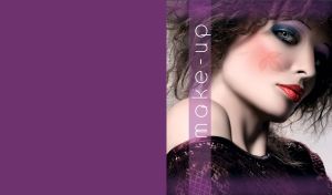 Curly purple hair girl with bright red lips and dark make up, on purple