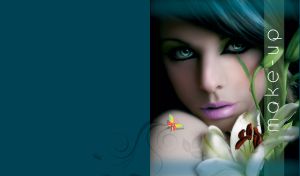 Teal hair girl with pink lips and dark make up, holding white flower on teal