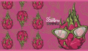 Sweet summertime design with a dragon fruit in cat-eye glasses on dark fuchsia