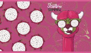 Sweet summertime design with a lama in pitaya-shaped eyeglasses on dark fuchsia