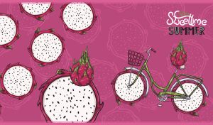 Sweet summertime design with a pitaya riding a bicycle on dark fuchsia